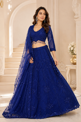 Cobalt Blue Sequin Net Lehenga Ensemble