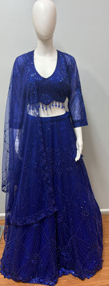 Cobalt Blue Sequin Net Lehenga Ensemble