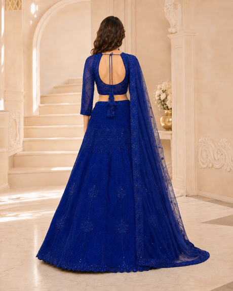 Cobalt Blue Sequin Net Lehenga Ensemble