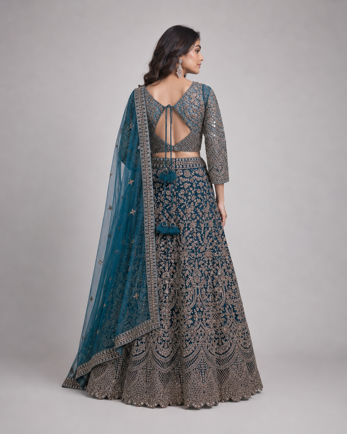 Deep Teal Antique Silver Bridal Lehenga