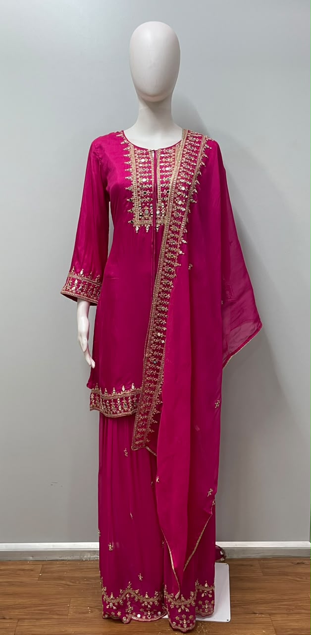 Rani Pink Gold Embroidered Festive Ensemble