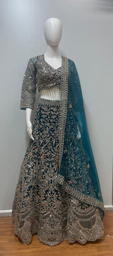 Deep Teal Antique Silver Bridal Lehenga