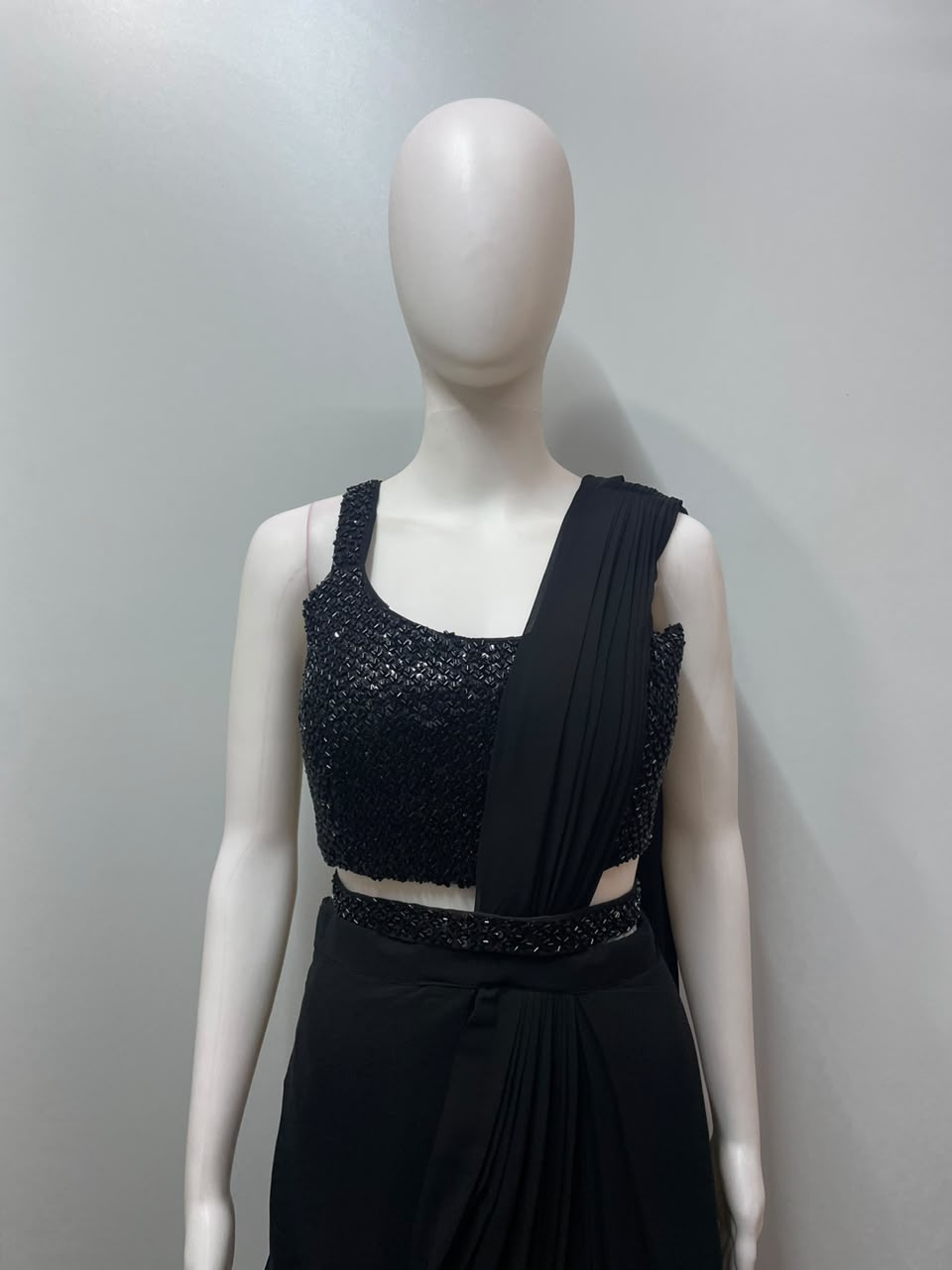 Classic Black Pre-Stitched Saree with Sequin Embellished Blouse – Contemporary Indian Party & Festive Wear