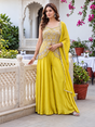 Lemon yellow peplum blouse with silver floral embroidery and palazzo pants