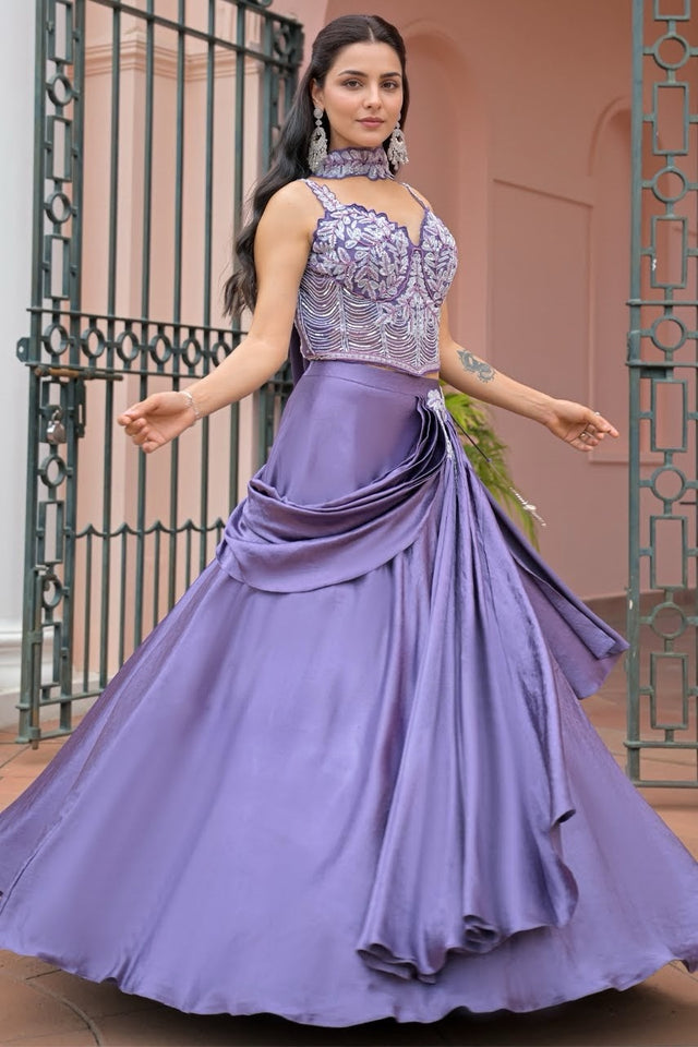 Smoky lavender draped lehenga set with a silver crystal corset blouse