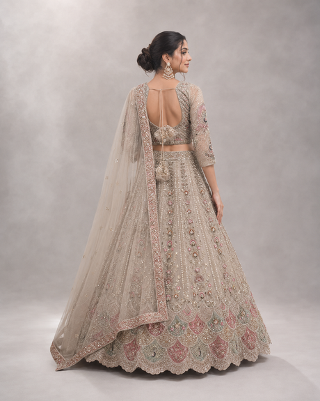 Taupe Rose Silver Bridal Lehenga Ensemble