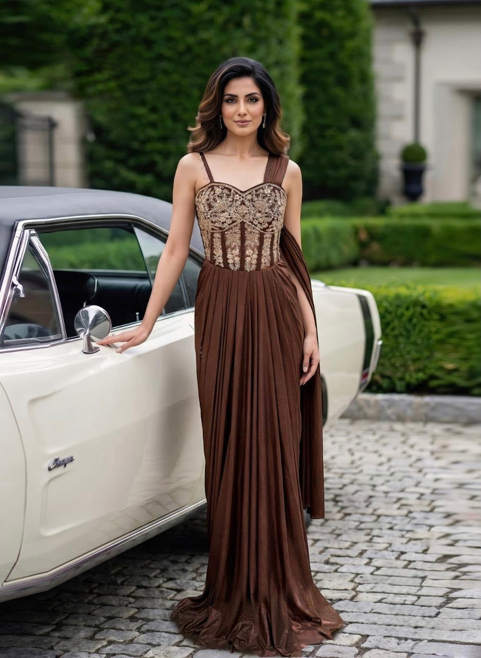 Chocolate Bronze Gold Jewel Draped Skirt Set