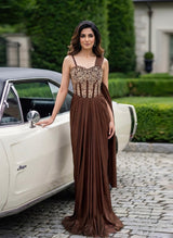 Chocolate Bronze Gold Jewel Draped Skirt Set
