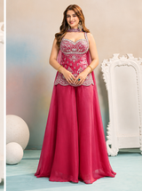 Rani pink longline blouse with silver floral embroidery and palazzo pants