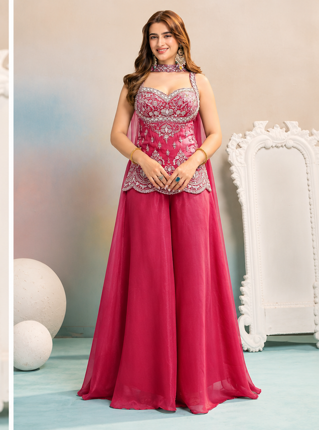 Rani pink longline blouse with silver floral embroidery and palazzo pants