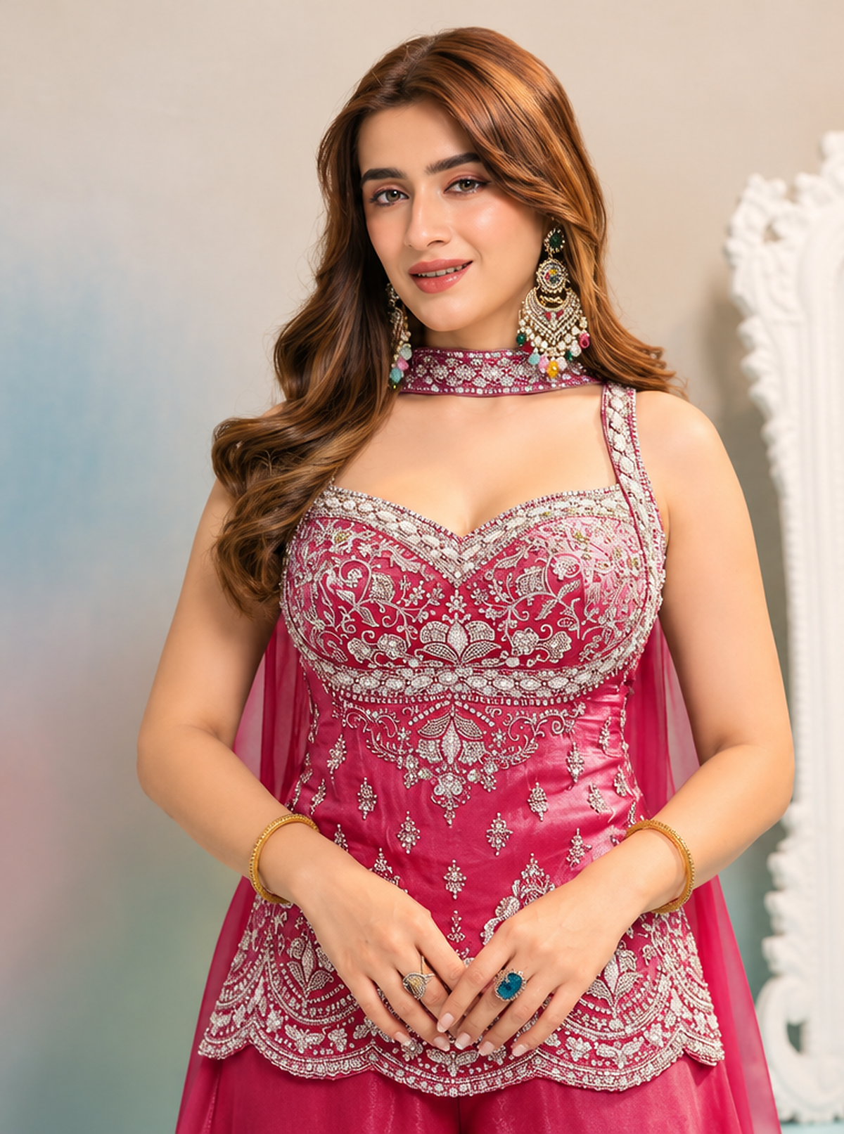 Sweetheart neckline and crystal sparkle on the rani pink bodice