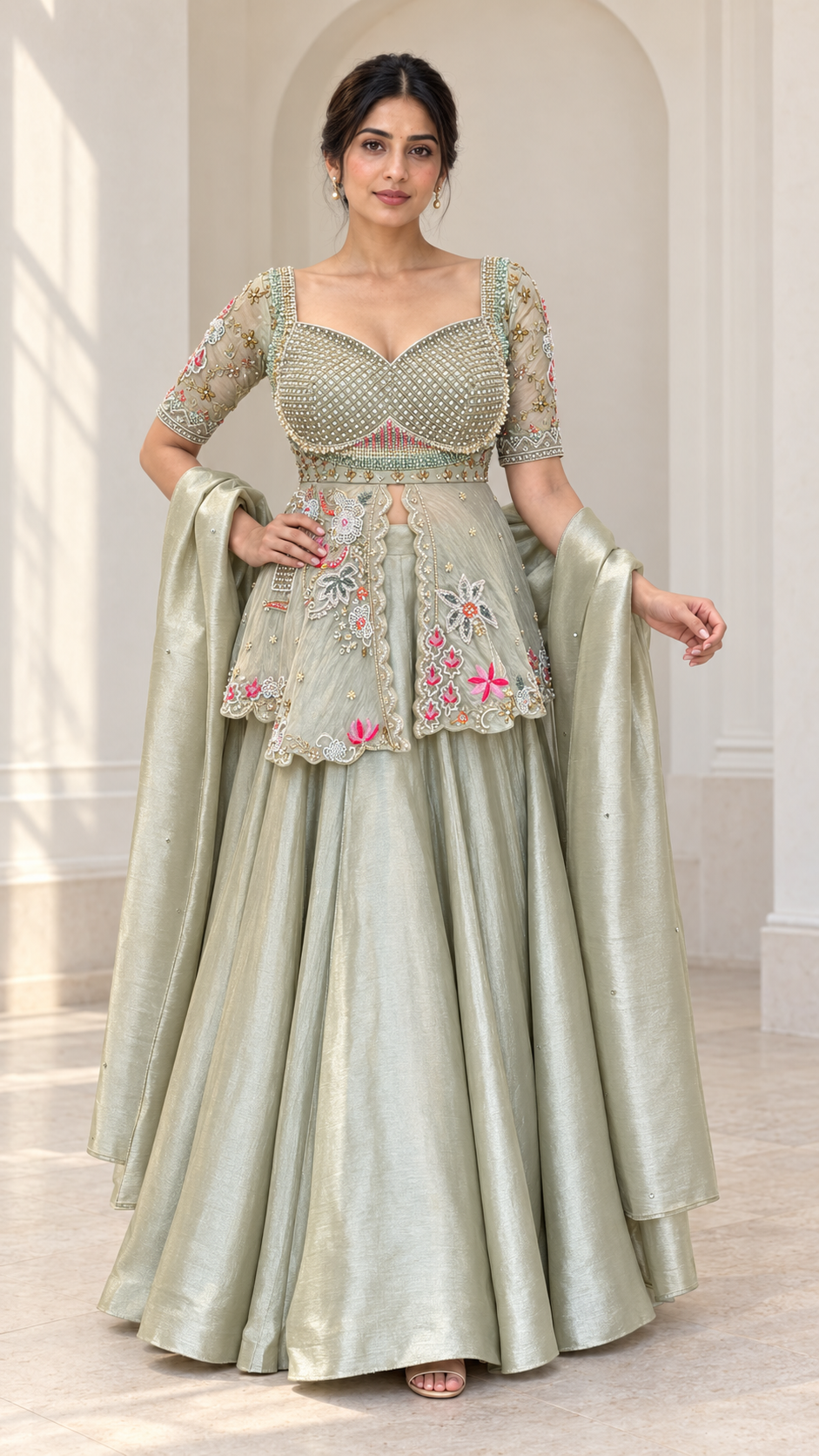 Pale Sage Silver Mirror Floral Peplum Lehenga Set