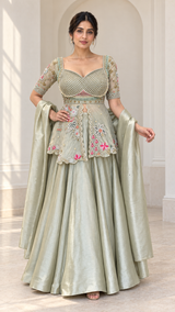 Pale Sage Silver Mirror Floral Peplum Lehenga Set