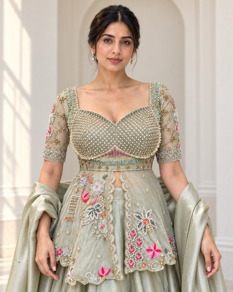 Pale Sage Silver Mirror Floral Peplum Lehenga Set
