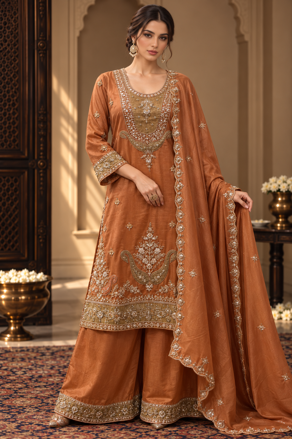 Burnt Copper Gold Jewel Palazzo Set