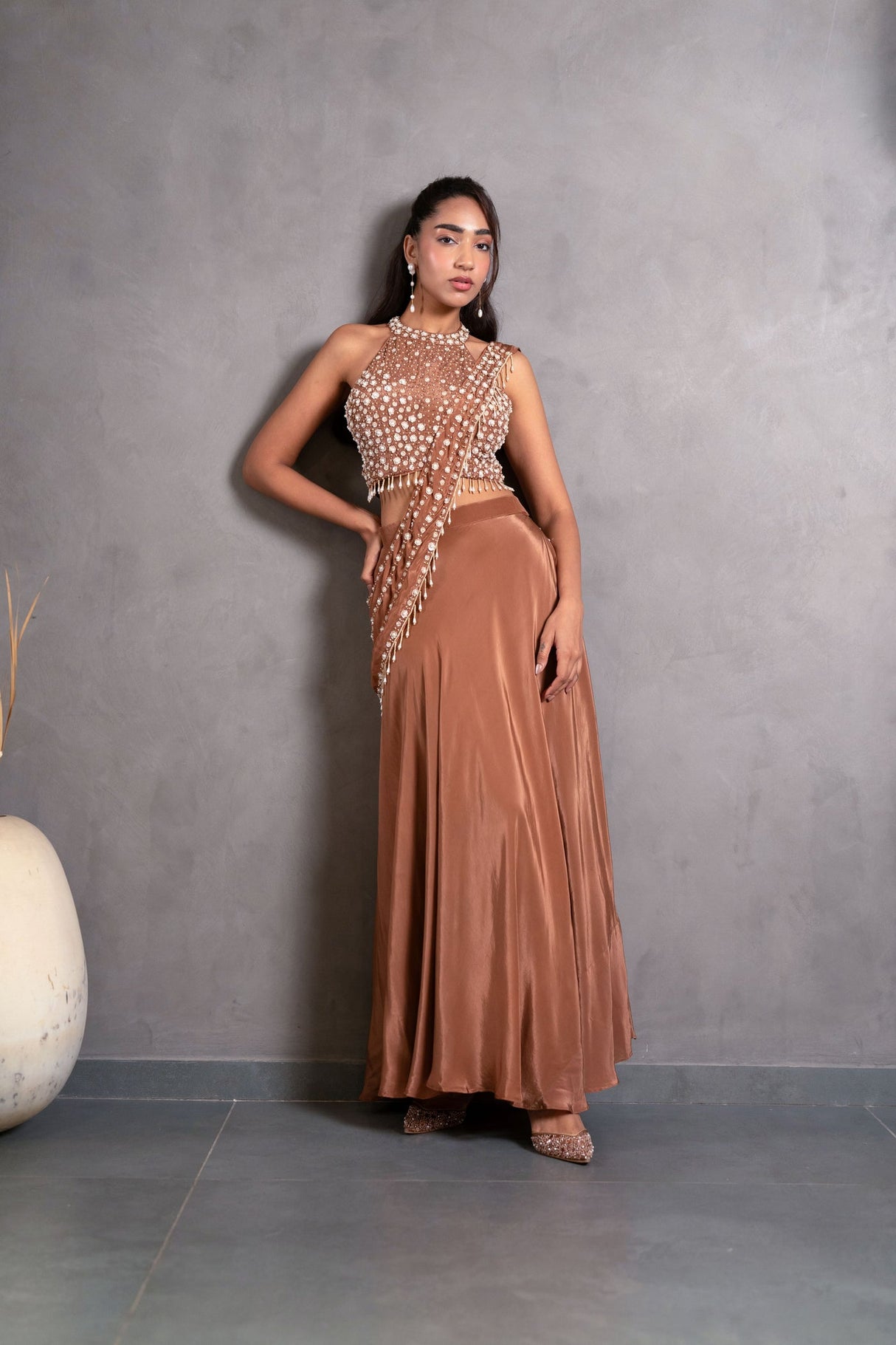 Copper Pearl Embellished Palazzo Drape Couture Set