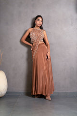 Copper Pearl Embellished Palazzo Drape Couture Set