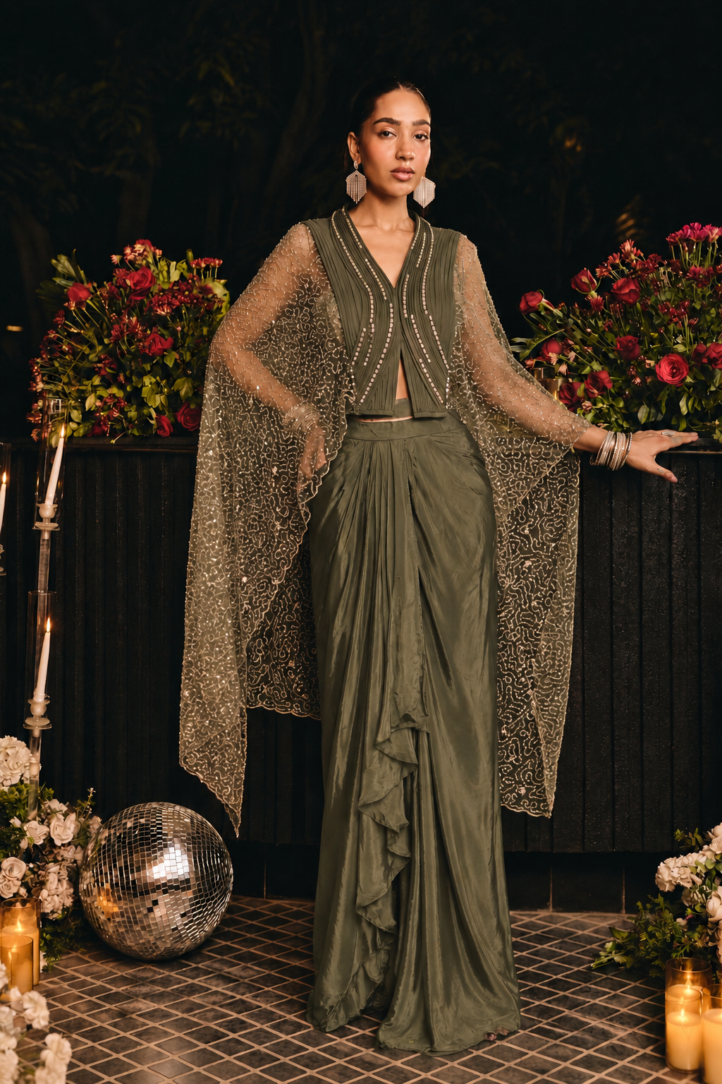 Olive Khaki Antique Gold Jewel Cape Draped Skirt Set