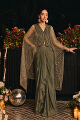 Olive Khaki Antique Gold Jewel Cape Draped Skirt Set