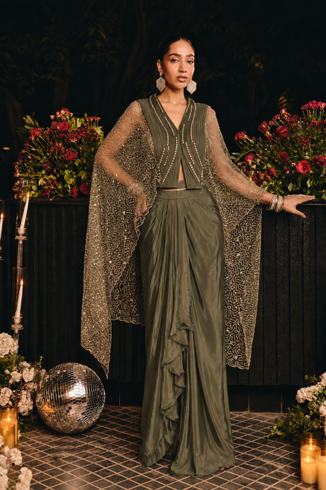 Olive khaki cape draped skirt set with antique gold jewel embellishment