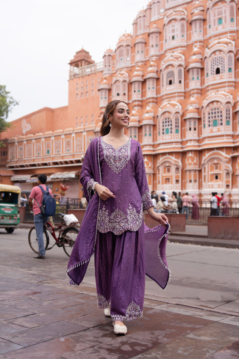 Royal plum palazzo set with silver jewel embroidery, wide-leg pants and matching dupatta