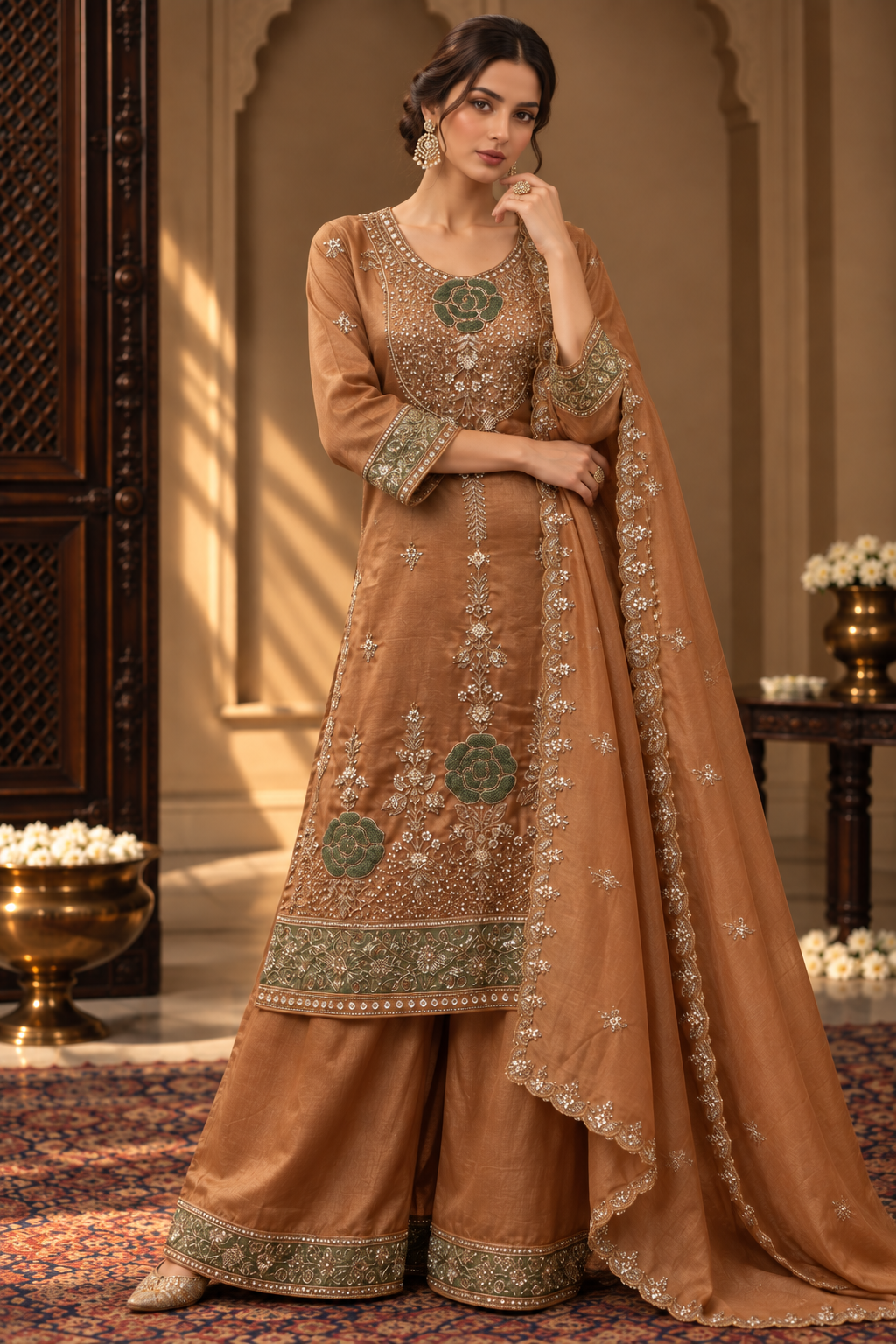 Burnt Copper Olive Floral Palazzo Set