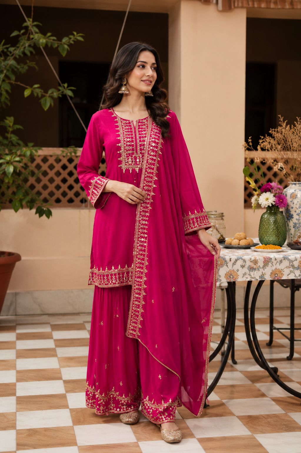 Rani Pink Gold Embroidered Festive Ensemble