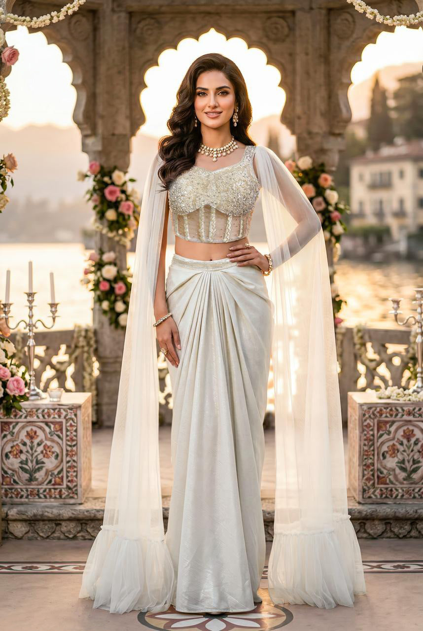 Ivory Pearl Cape Saree Set