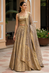 Taupe Gold Brocade Bridal Lehenga Couture Set