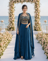 Teal Floral Embroidered Cape Palazzo Set