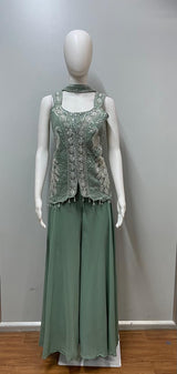 Sage Green Silver Embroidered Palazzo Set