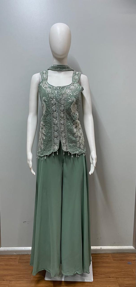 Sage Green Silver Embroidered Palazzo Set