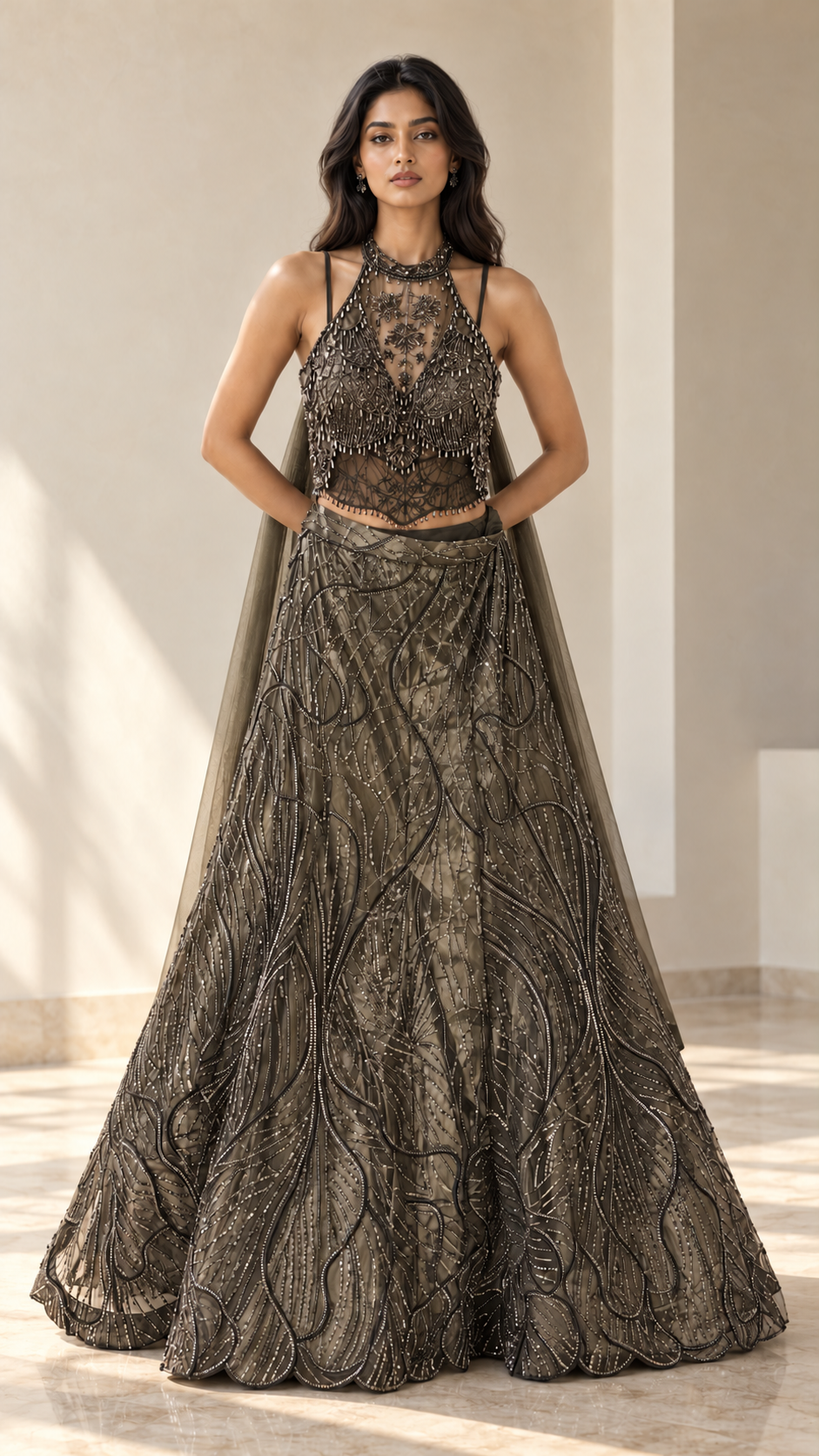 Smoky Olive Antique Silver Crystal Jewel Lehenga Set