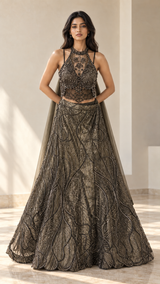 Smoky Olive Antique Silver Crystal Jewel Lehenga Set