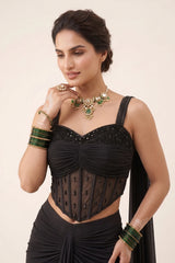 Ruched fitted bust and embellished straps on the black corset