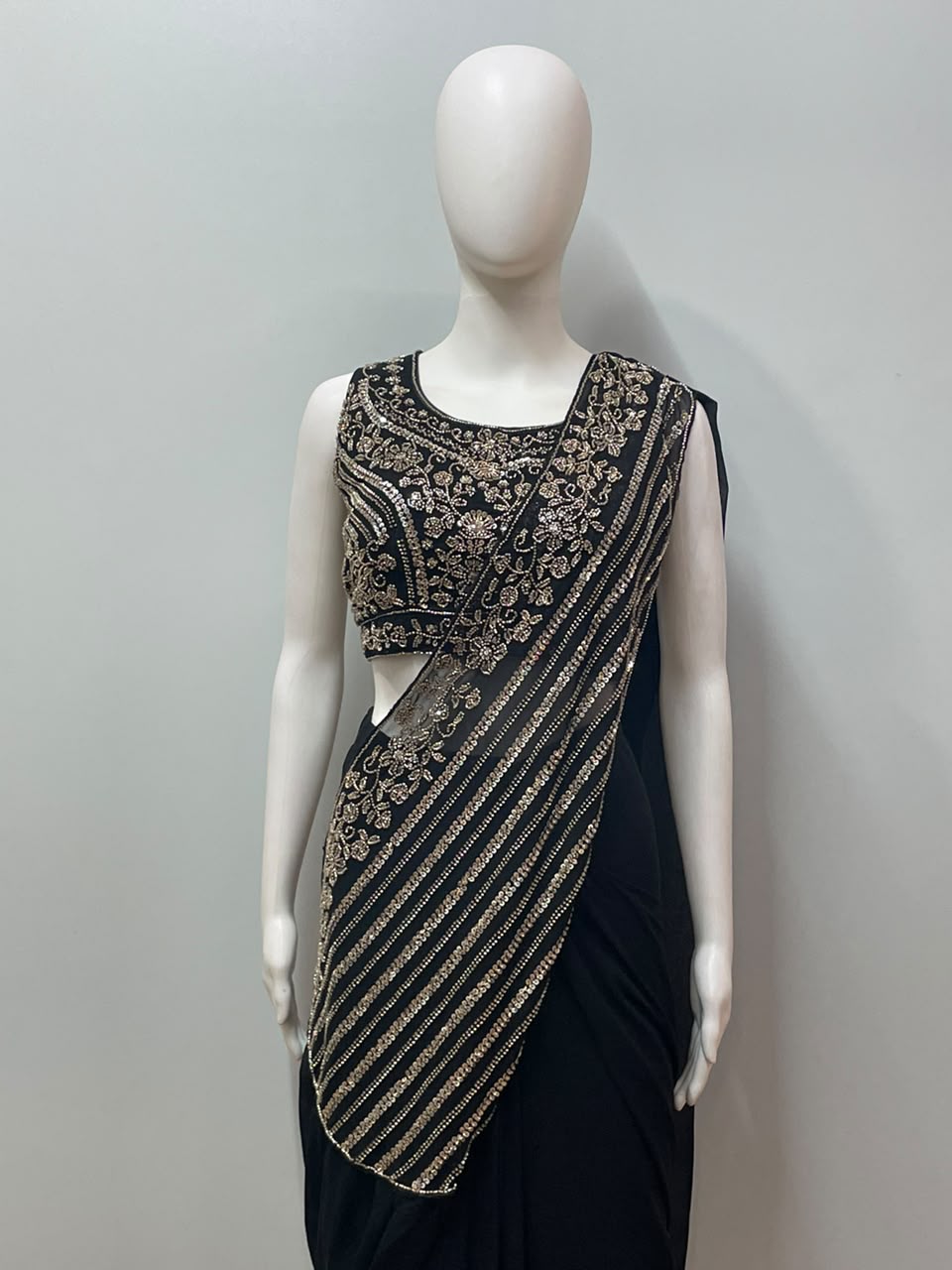 Black Zari Draped Saree Set - close-up detail