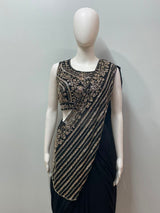 Black Zari Draped Saree Set - close-up detail