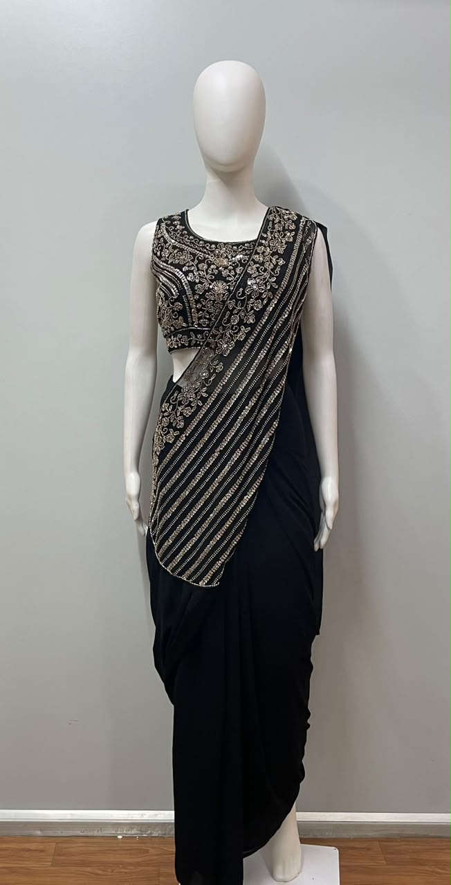 Black Zari Draped Saree Set - alternate view