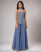 Dusty Blue Silver Embroidered Palazzo Set