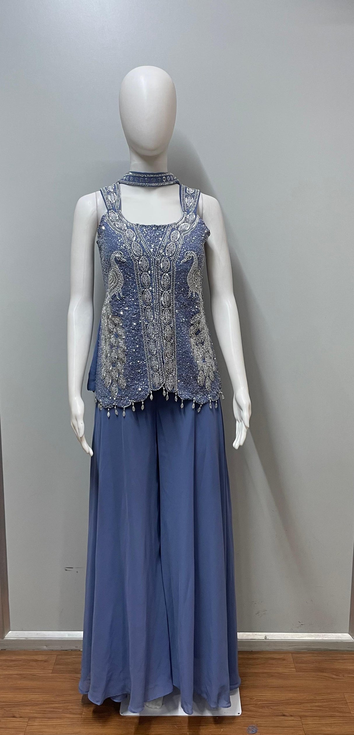 Dusty Blue Silver Embroidered Palazzo Set