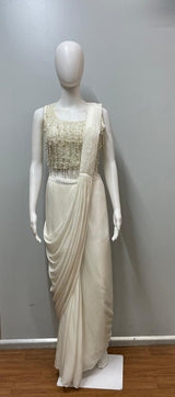 Ivory Pearl Fringe Draped Saree Ensemble
