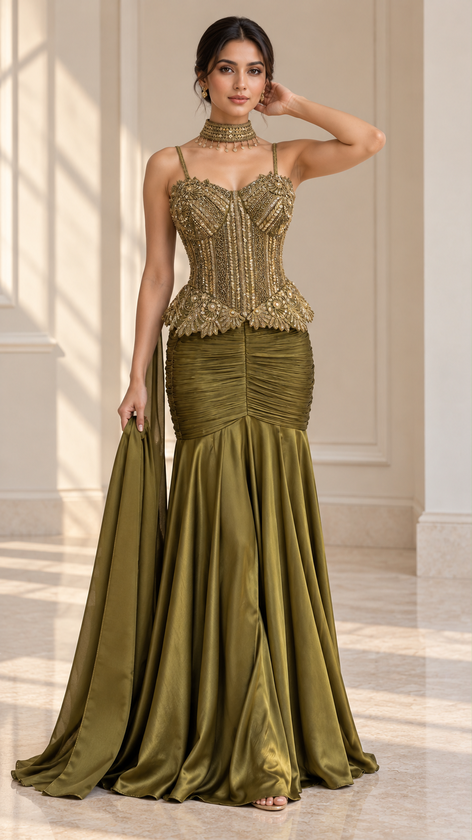 Olive Bronze Antique Gold Jewel Corset Draped Skirt Set