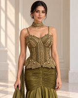 Olive Bronze Antique Gold Jewel Corset Draped Skirt Set
