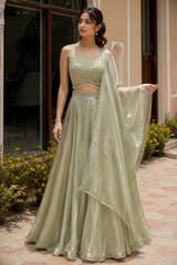 Sage Pearl Embellished Draped Lehenga Set