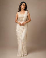 Ivory Pearl Fringe Draped Saree Ensemble