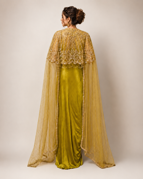 Olive Gold Crystal Cape Saree Ensemble