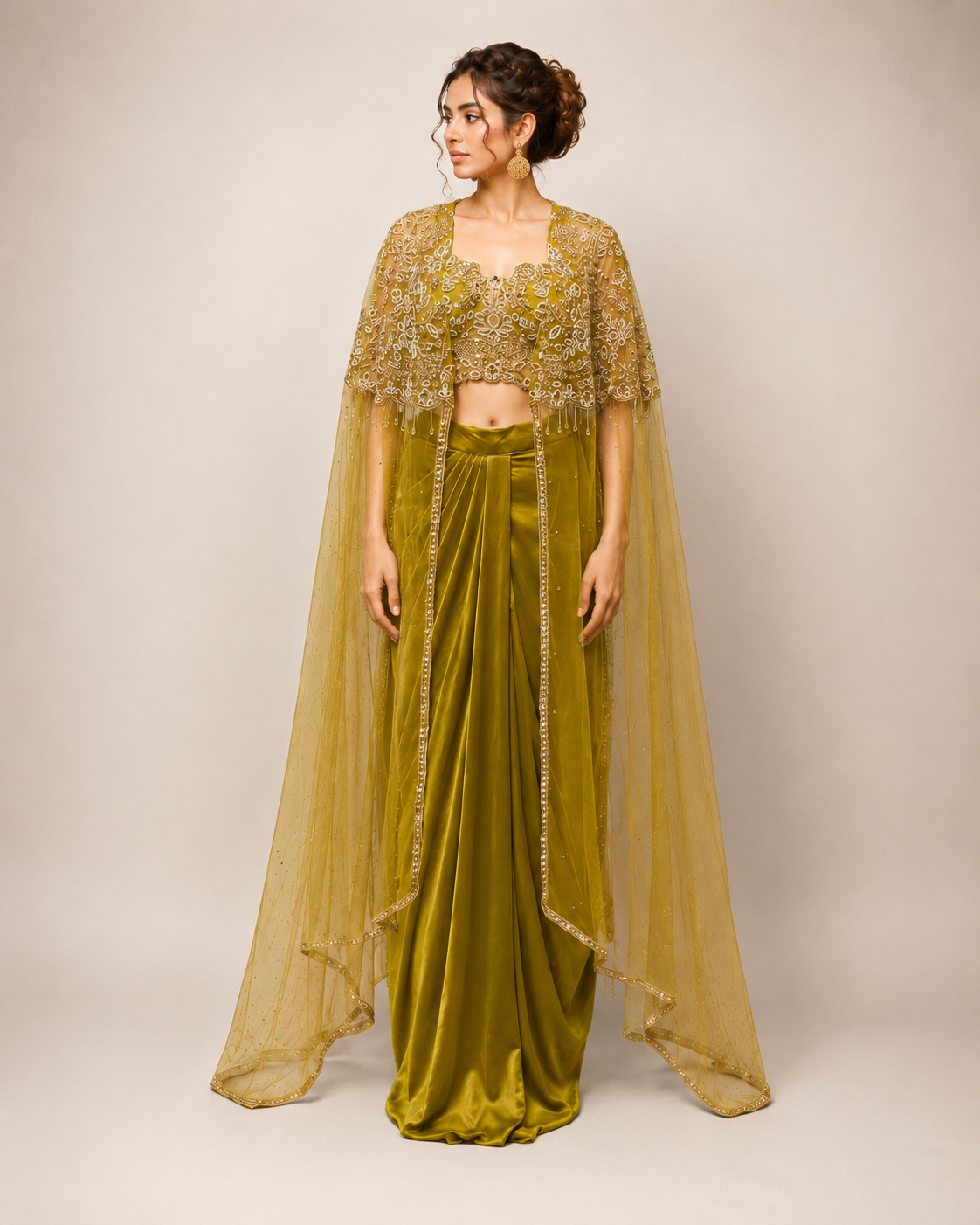 Olive Gold Crystal Cape Saree Ensemble