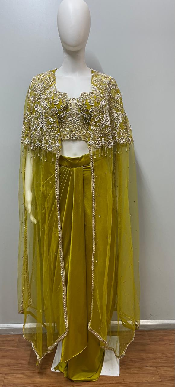 Olive Gold Crystal Cape Saree Ensemble