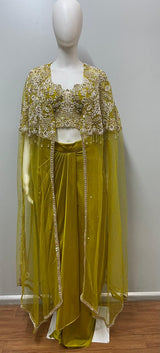 Olive Gold Crystal Cape Saree Ensemble