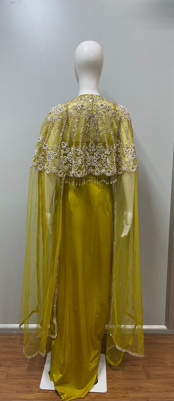 Olive Gold Crystal Cape Saree Ensemble